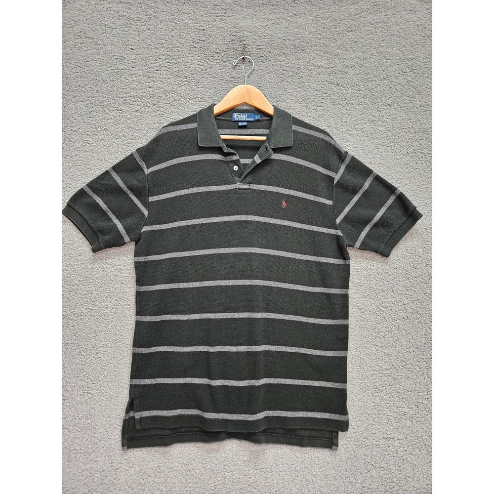 Vintage Polo Ralph Lauren Polo L Green Gray Stripe Pony Logo Preppy Old Money